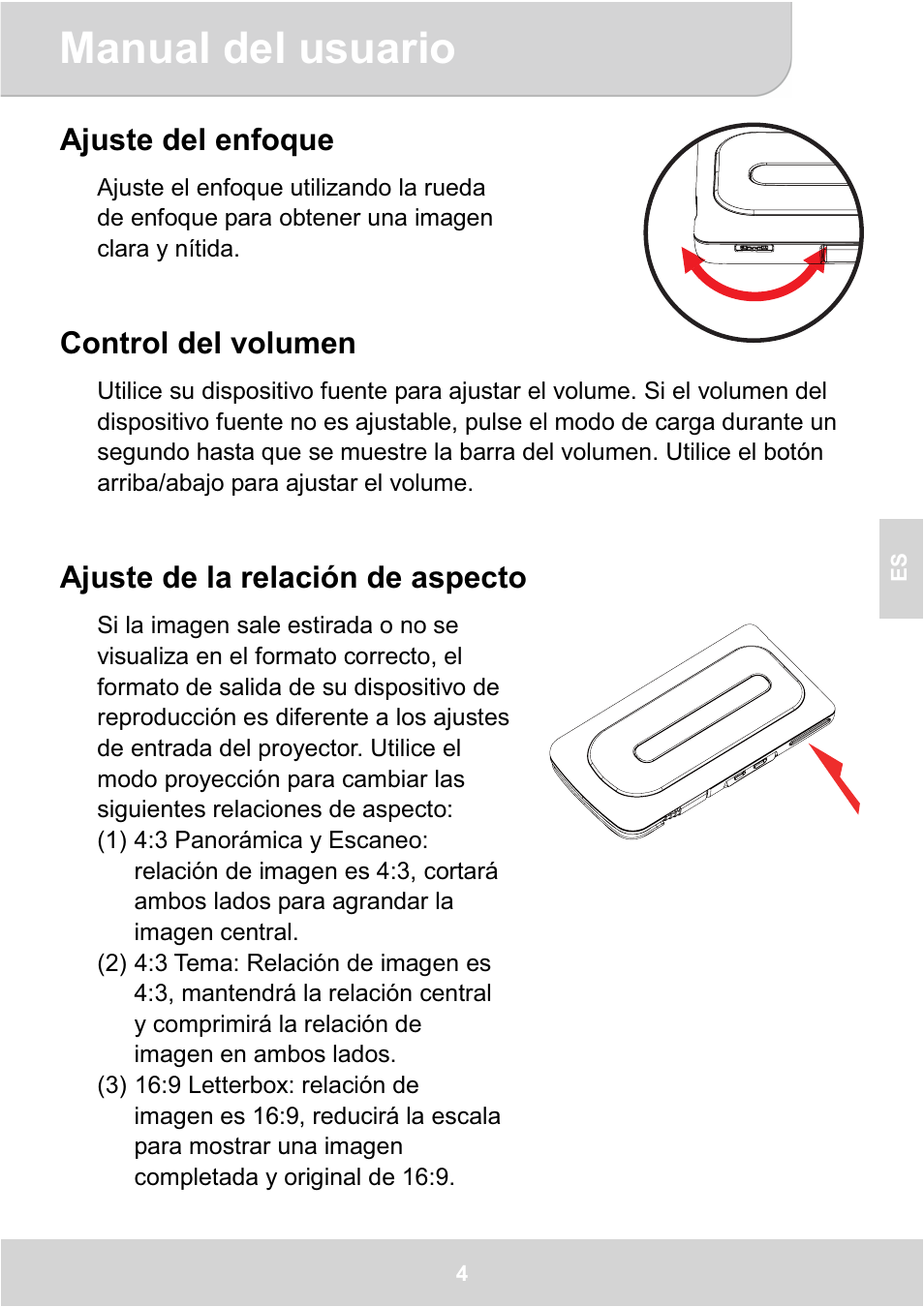 Manual del usuario, Ajuste del enfoque, Control del volumen | Ajuste de la relación de aspecto | AIPTEK GoProjector Manual User Manual | Page 41 / 79
