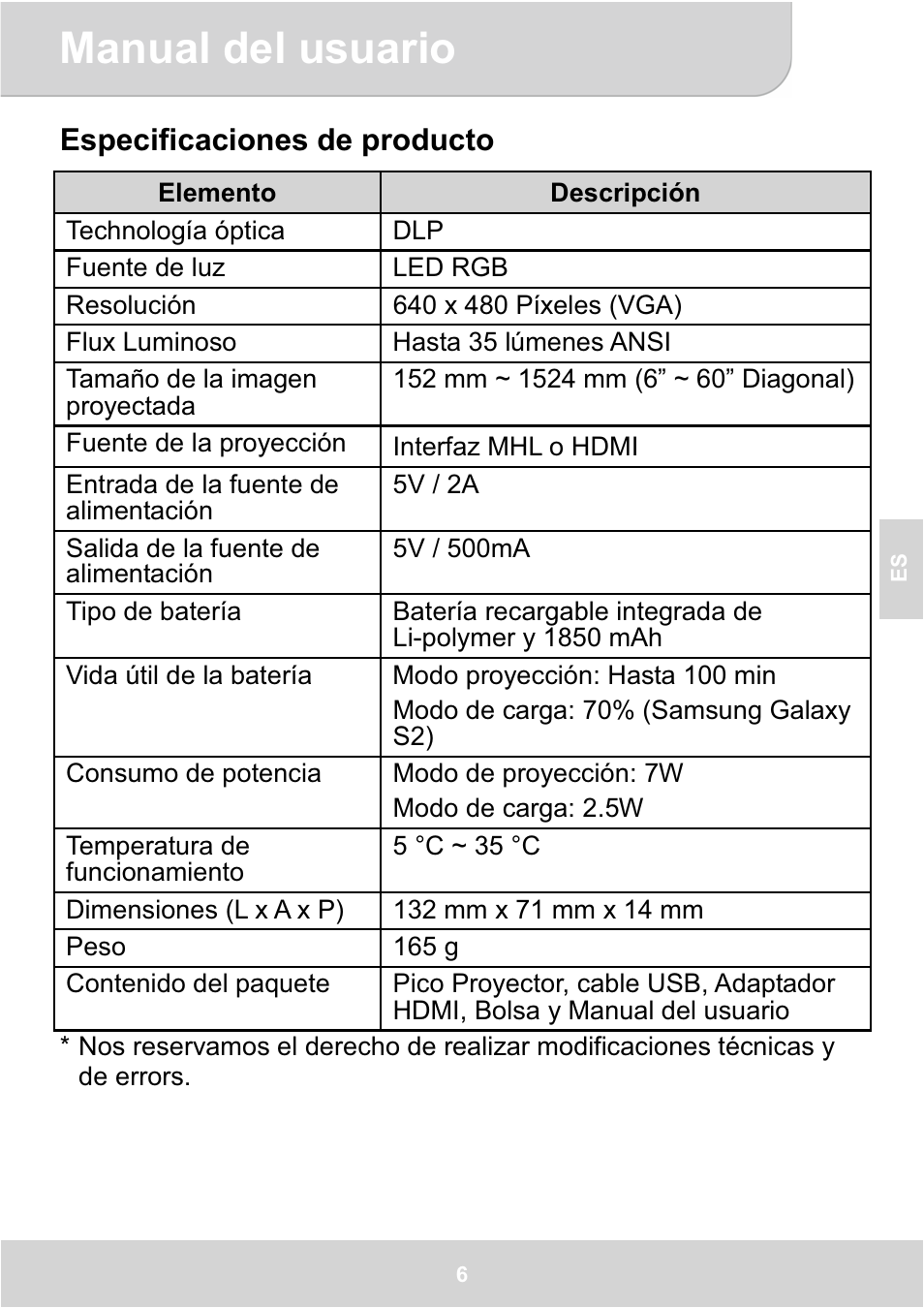 Manual del usuario, Especificaciones de producto | AIPTEK GoProjector Manual User Manual | Page 43 / 79