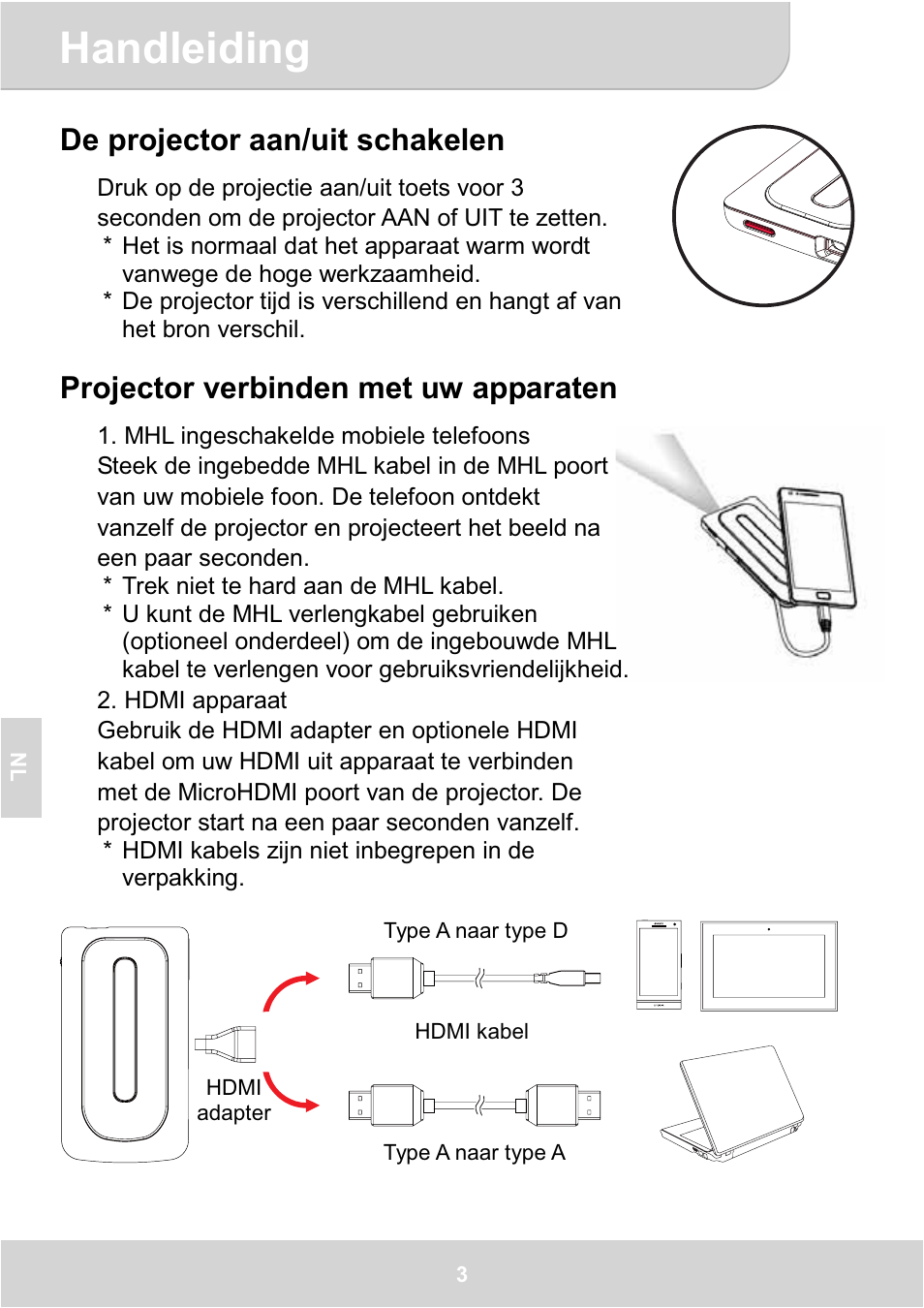 Handleiding, De projector aan/uit schakelen, Projector verbinden met uw apparaten | AIPTEK GoProjector Manual User Manual | Page 56 / 79