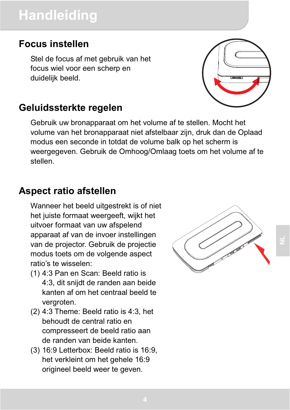 Handleiding, Focus instellen, Geluidssterkte regelen | Aspect ratio afstellen | AIPTEK GoProjector Manual User Manual | Page 57 / 79