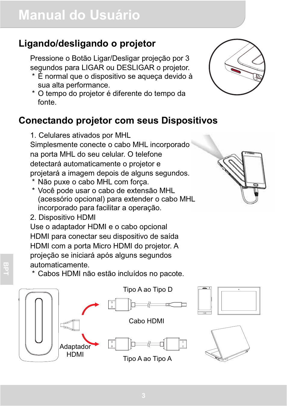 Manual do usuário, Ligando/desligando o projetor, Conectando projetor com seus dispositivos | AIPTEK GoProjector Manual User Manual | Page 64 / 79