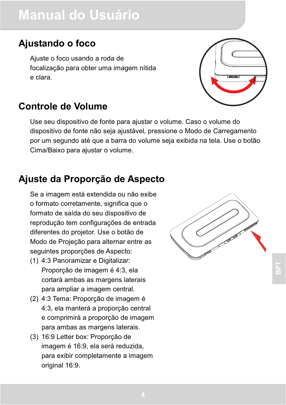 Manual do usuário, Ajustando o foco, Controle de volume | Ajuste da proporção de aspecto | AIPTEK GoProjector Manual User Manual | Page 65 / 79