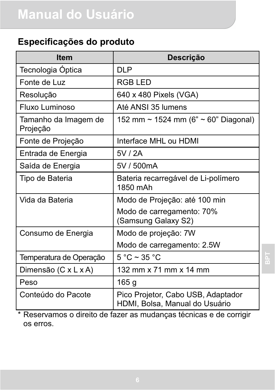 Manual do usuário, Especificações do produto | AIPTEK GoProjector Manual User Manual | Page 67 / 79