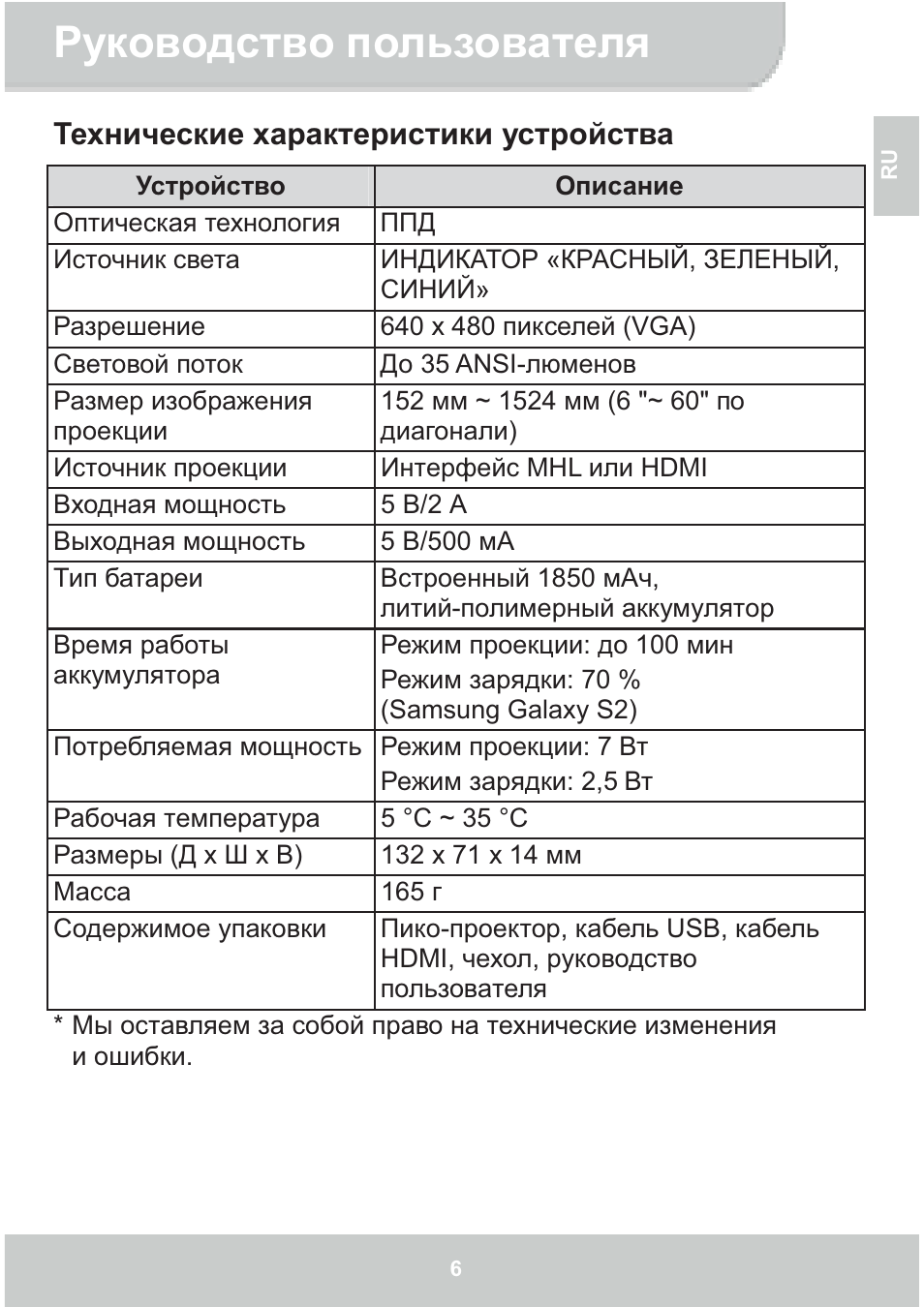 Руководство пользователя, Технические характеристики устройства | AIPTEK GoProjector Manual User Manual | Page 77 / 79