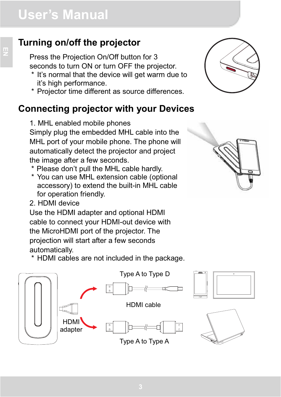 User’s manual, Turning on/off the projector, Connecting projector with your devices | AIPTEK GoProjector Manual User Manual | Page 8 / 79