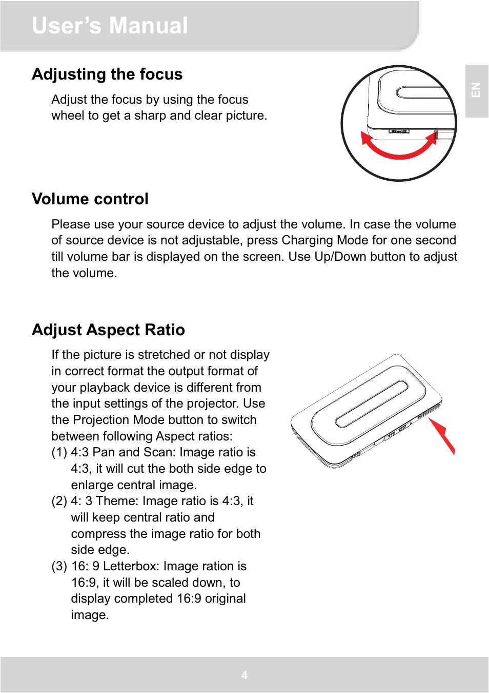 User’s manual, Adjusting the focus, Volume control | Adjust aspect ratio | AIPTEK GoProjector Manual User Manual | Page 9 / 79