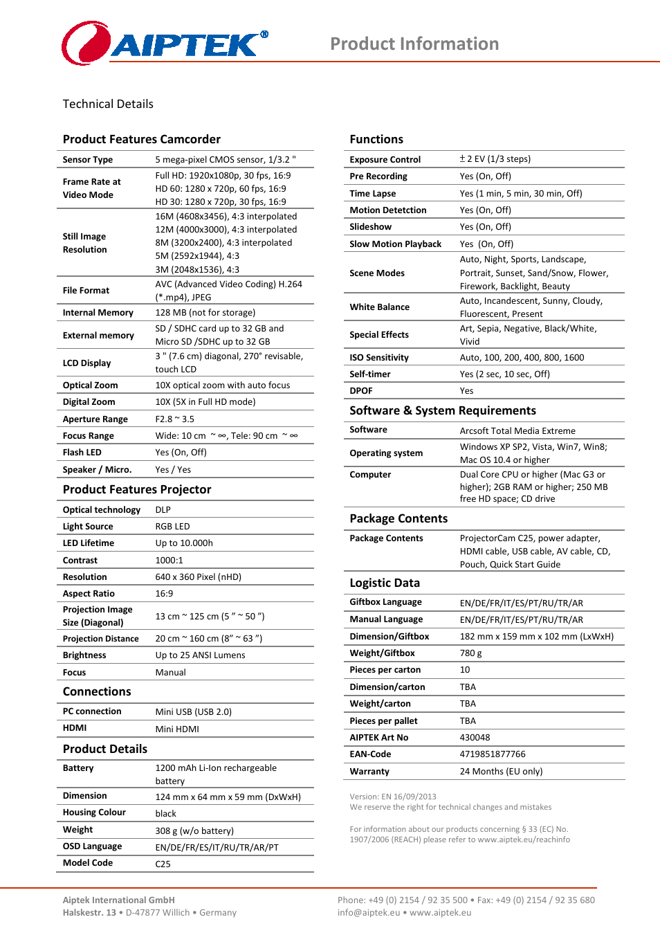 Product information, Technical details product features camcorder, Product features projector | Connections, Product details, Functions, Software & system requirements, Package contents, Logistic data | AIPTEK ProjectorCam C25 User Manual | Page 2 / 2