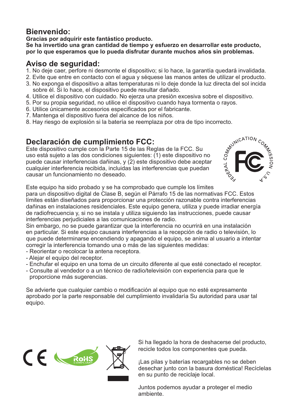 Bienvenido, Aviso de seguridad, Declaración de cumplimiento fcc | AIPTEK PocketCinema Z20 User Manual | Page 110 / 380