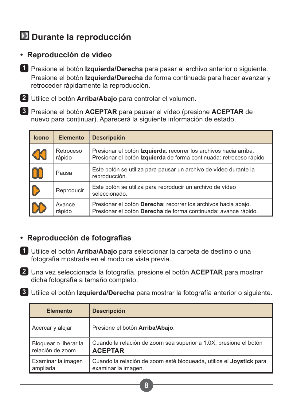 Durante la reproducción, Reproducción de vídeo, Reproducción de fotografías | AIPTEK PocketCinema Z20 User Manual | Page 120 / 380