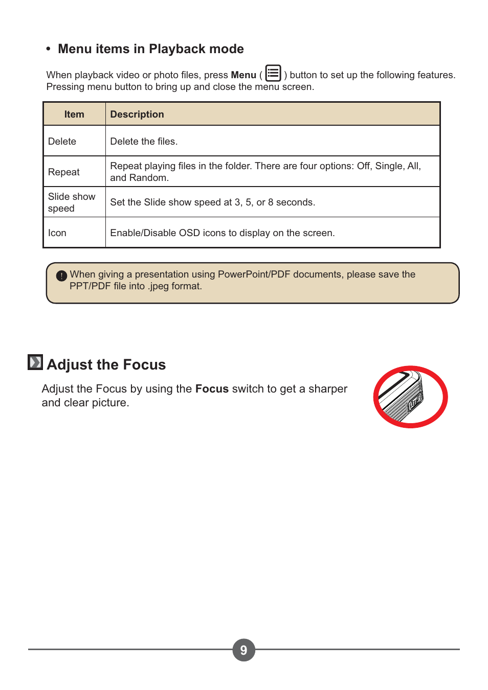 Adjust the focus, Menu items in playback mode | AIPTEK PocketCinema Z20 User Manual | Page 13 / 380