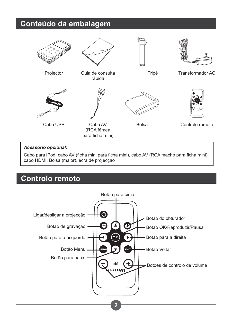 Conteúdo da embalagem controlo remoto | AIPTEK PocketCinema Z20 User Manual | Page 168 / 380