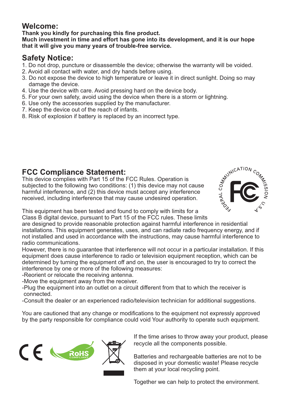 Welcome, Safety notice, Fcc compliance statement | AIPTEK PocketCinema Z20 User Manual | Page 2 / 380