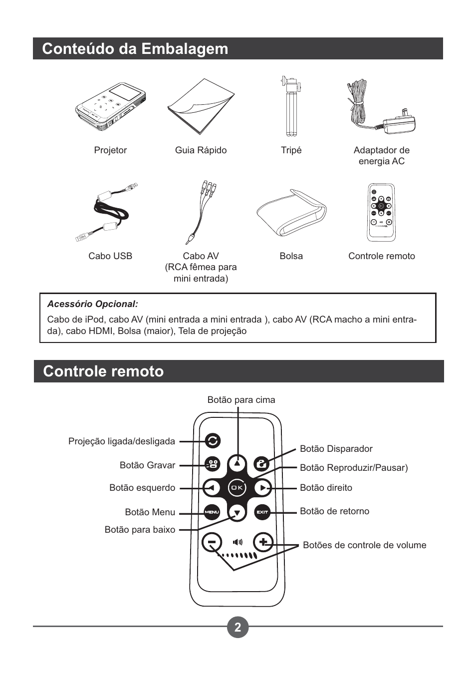 Conteúdo da embalagem controle remoto | AIPTEK PocketCinema Z20 User Manual | Page 222 / 380