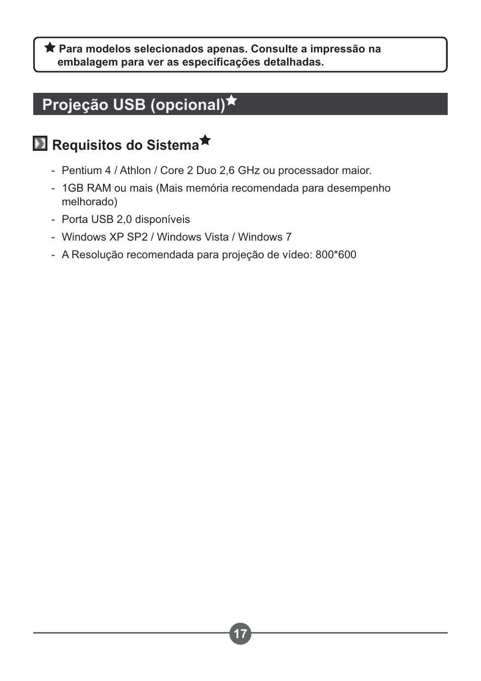 Projeção usb (opcional), Requisitos do sistema | AIPTEK PocketCinema Z20 User Manual | Page 237 / 380