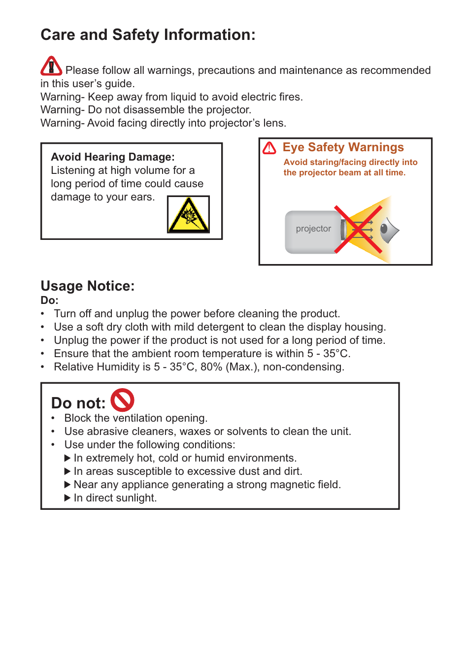 Care and safety information, Do not, Usage notice | AIPTEK PocketCinema Z20 User Manual | Page 3 / 380