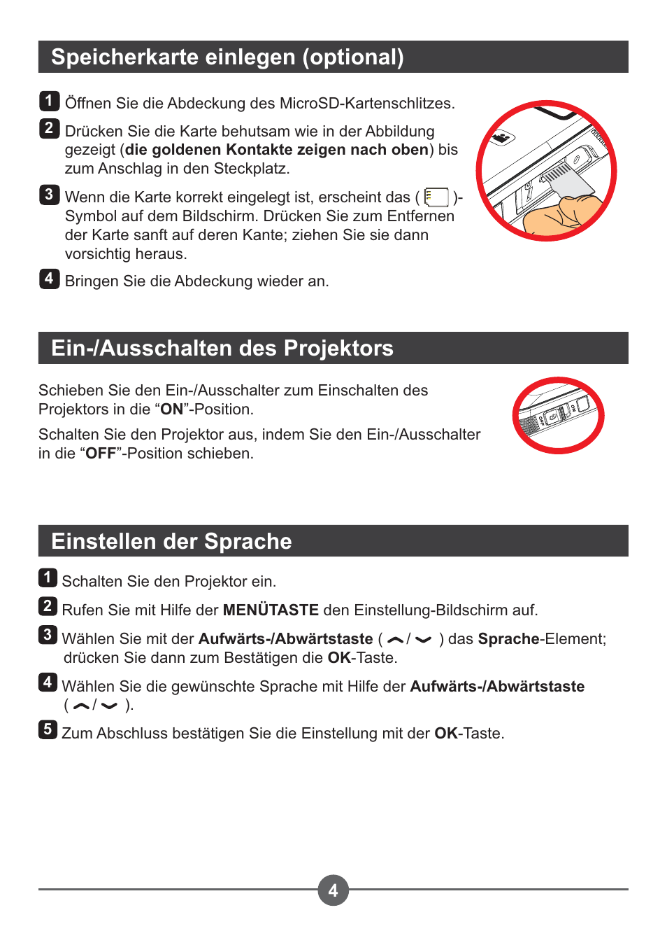 Speicherkarte einlegen (optional), Ein-/ausschalten des projektors, Einstellen der sprache | AIPTEK PocketCinema Z20 User Manual | Page 35 / 380