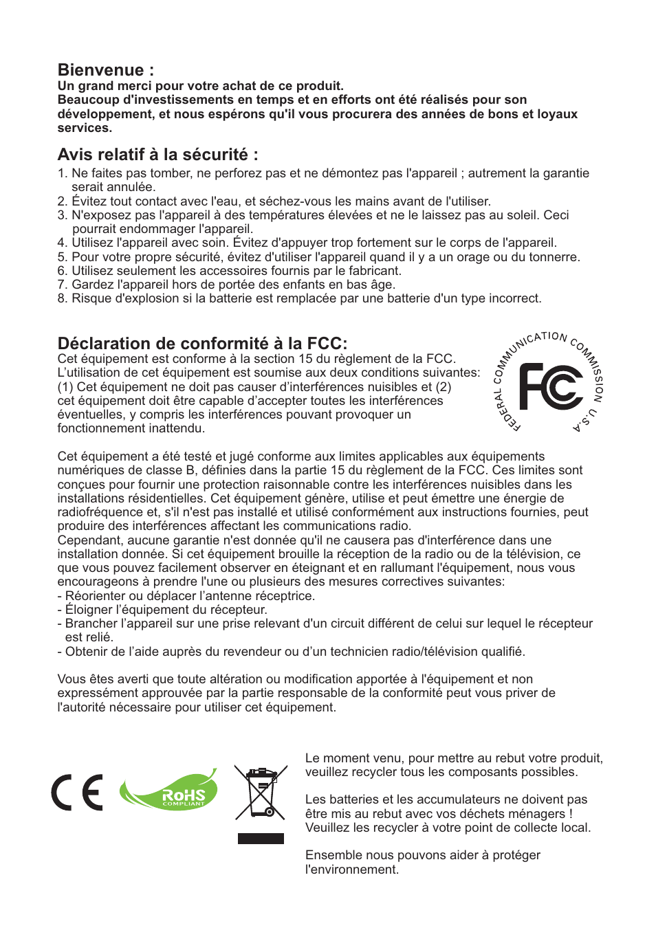 Bienvenue, Avis relatif à la sécurité, Déclaration de conformité à la fcc | AIPTEK PocketCinema Z20 User Manual | Page 56 / 380
