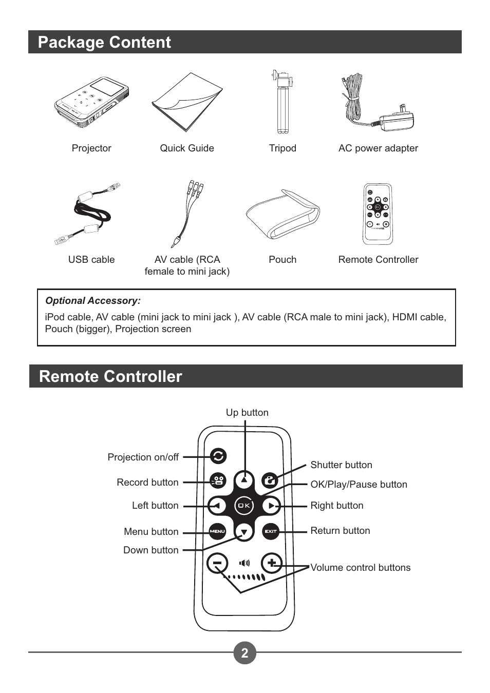 Package content remote controller | AIPTEK PocketCinema Z20 User Manual | Page 6 / 380