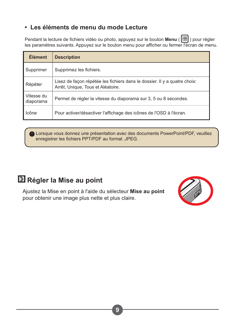 Régler la mise au point, Les éléments de menu du mode lecture | AIPTEK PocketCinema Z20 User Manual | Page 67 / 380