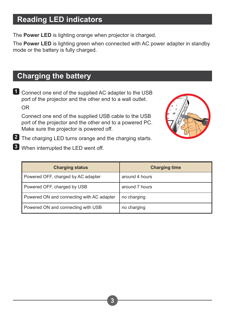 Reading led indicators, Charging the battery | AIPTEK PocketCinema Z20 User Manual | Page 7 / 380
