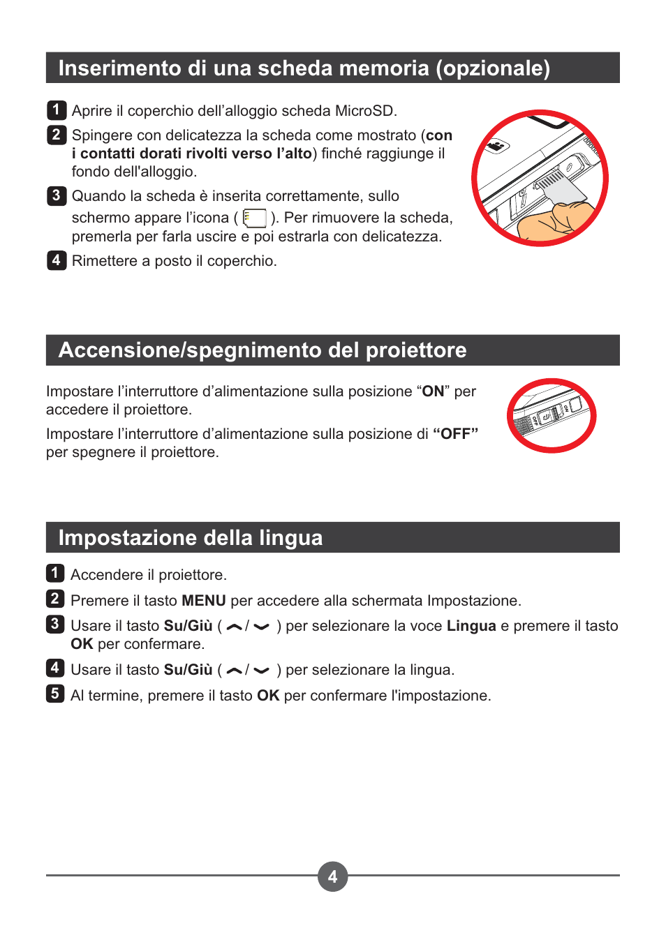 Accensione/spegnimento del proiettore, Impostazione della lingua | AIPTEK PocketCinema Z20 User Manual | Page 89 / 380