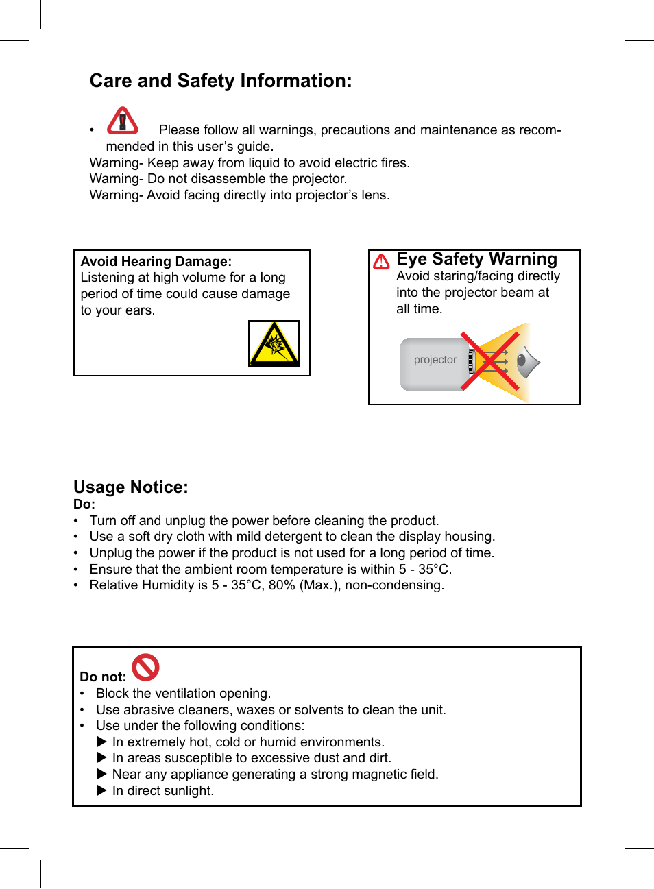 Care and safety information, Usage notice, Eye safety warning | AIPTEK PocketCinema Z20 User Manual | Page 2 / 60