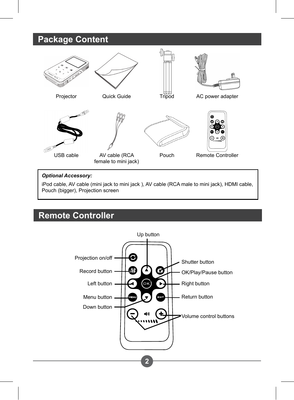 Package content remote controller | AIPTEK PocketCinema Z20 User Manual | Page 4 / 60