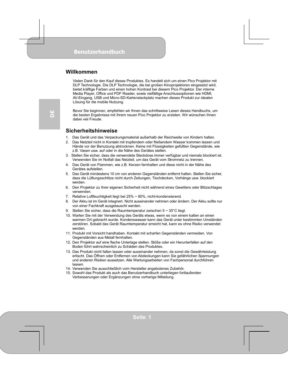 Deutsch, Benutzerhandbuch, Seite 1 de willkommen | Sicherheitshinweise | AIPTEK PocketCinema V60 User Manual | Page 20 / 79