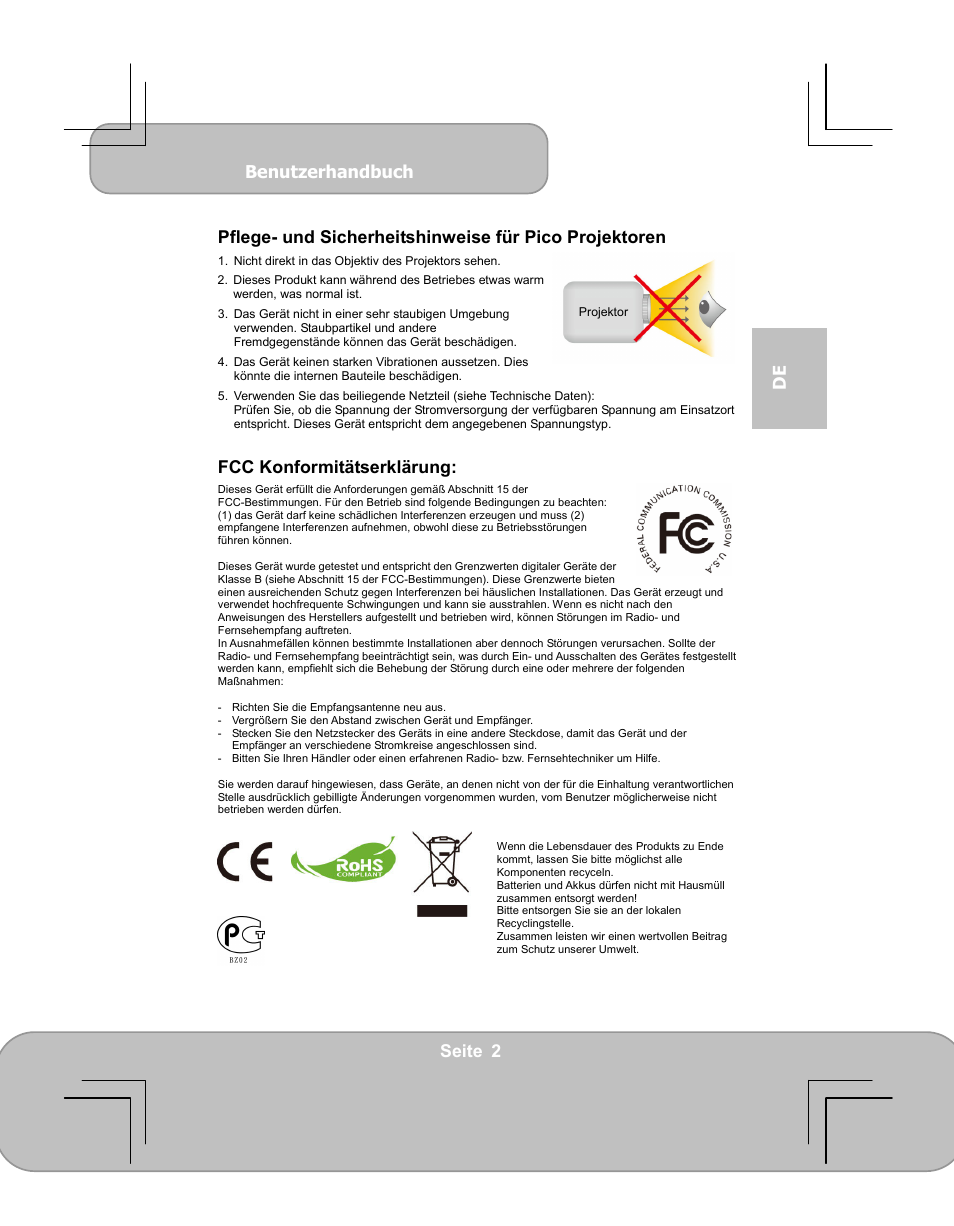 Benutzerhandbuch, Seite 2 de, Fcc konformitätserklärung | AIPTEK PocketCinema V60 User Manual | Page 21 / 79