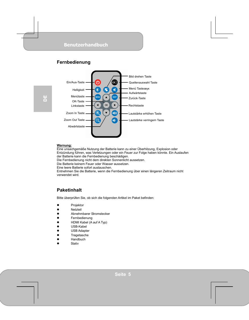 Benutzerhandbuch, Seite 5 de fernbedienung, Paketinhalt | AIPTEK PocketCinema V60 User Manual | Page 24 / 79