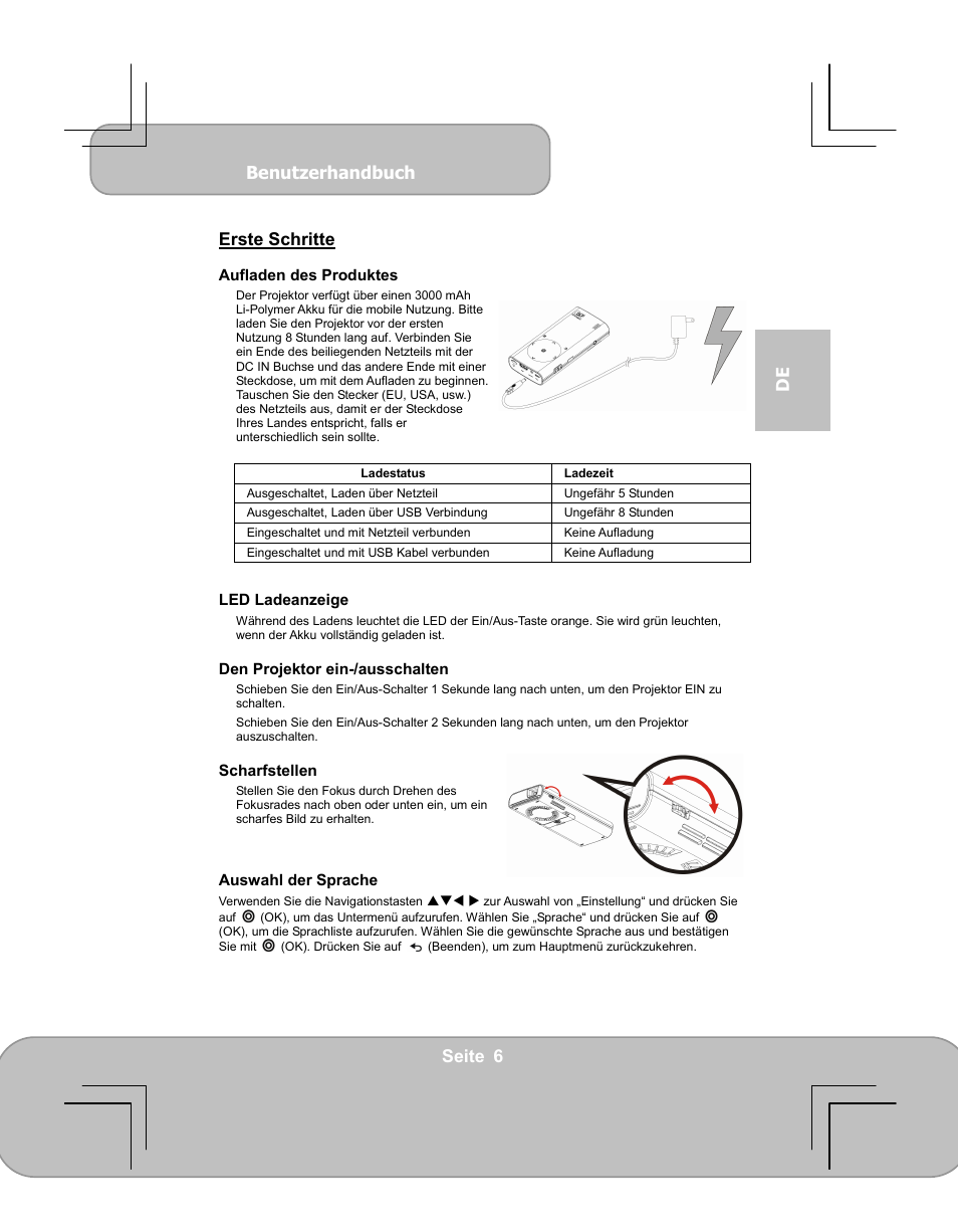 Benutzerhandbuch, Seite 6 de erste schritte | AIPTEK PocketCinema V60 User Manual | Page 25 / 79