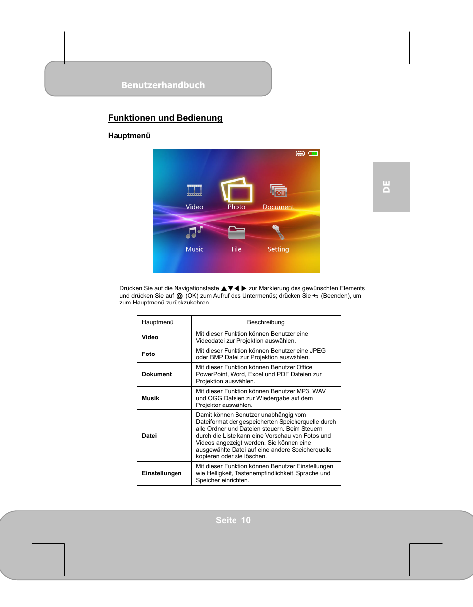 Benutzerhandbuch, Seite 10 de funktionen und bedienung | AIPTEK PocketCinema V60 User Manual | Page 29 / 79