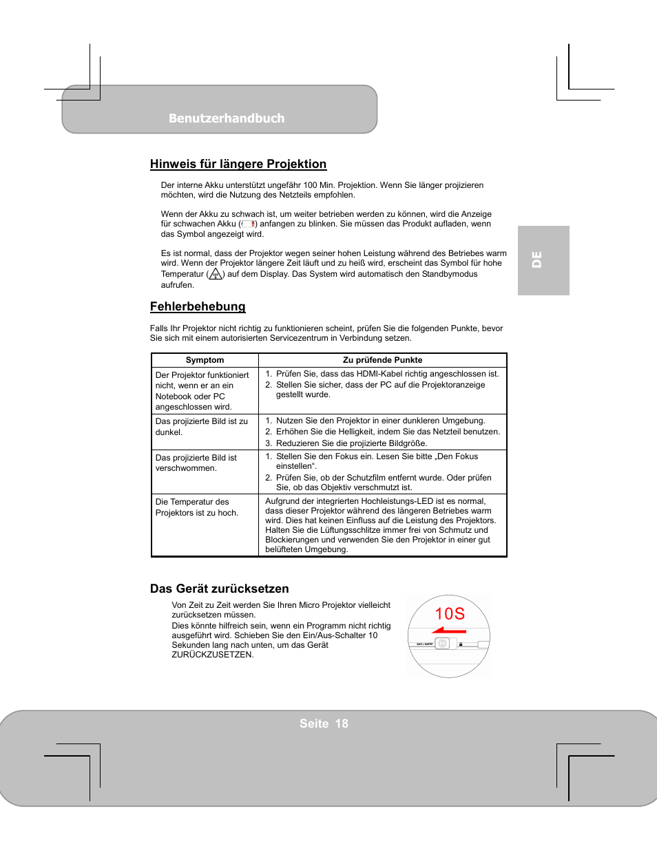 Benutzerhandbuch, Seite 18 de hinweis für längere projektion, Fehlerbehebung | Das gerät zurücksetzen | AIPTEK PocketCinema V60 User Manual | Page 37 / 79