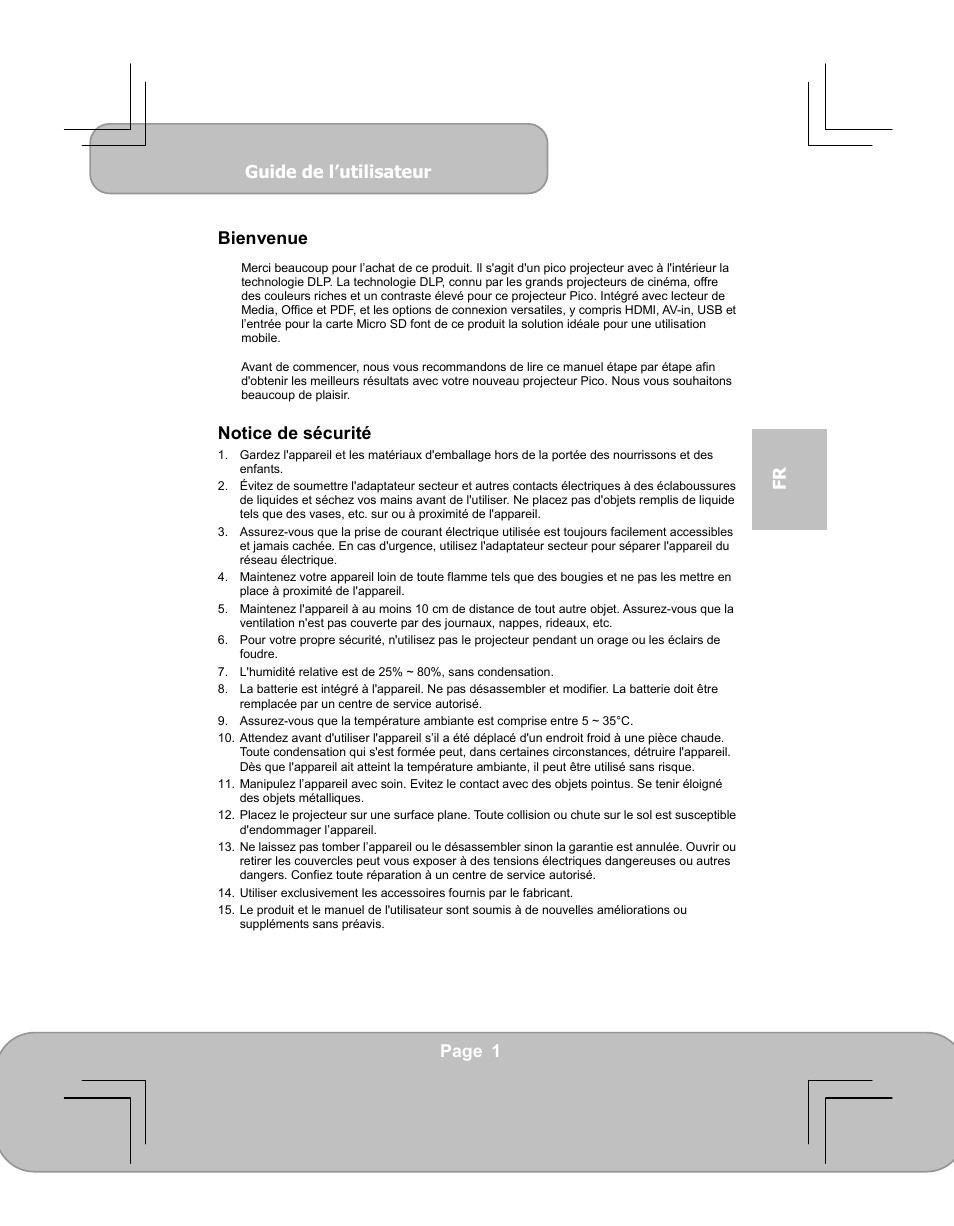 Francais, Guide de l’utilisateur, Page 1 fr bienvenue | Notice de sécurité | AIPTEK PocketCinema V60 User Manual | Page 39 / 79