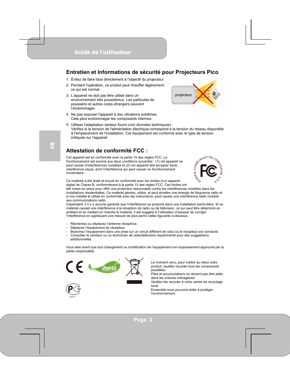 Guide de l’utilisateur, Page 2 fr, Attestation de conformité fcc | AIPTEK PocketCinema V60 User Manual | Page 40 / 79