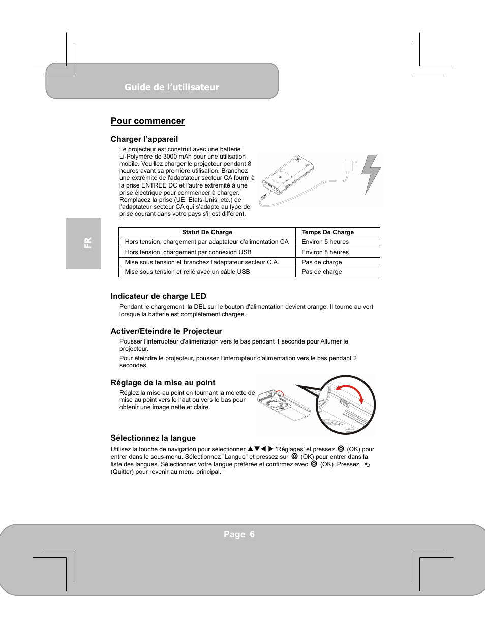 Guide de l’utilisateur, Page 6 fr pour commencer | AIPTEK PocketCinema V60 User Manual | Page 44 / 79