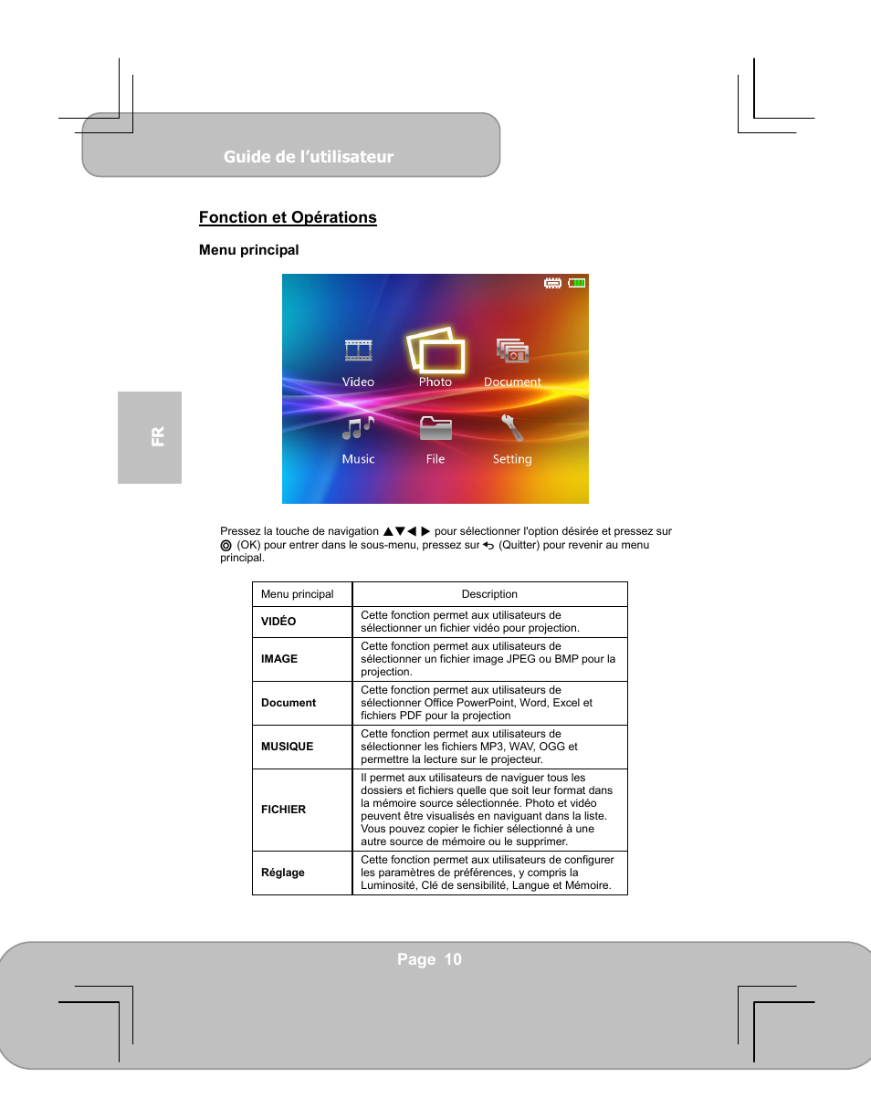Guide de l’utilisateur, Page 10 fr fonction et opérations | AIPTEK PocketCinema V60 User Manual | Page 48 / 79