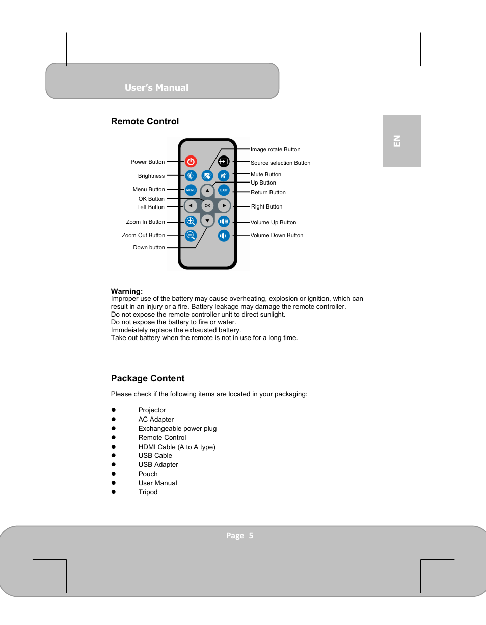 User’s manual, Page 5 en remote control, Package content | AIPTEK PocketCinema V60 User Manual | Page 5 / 79