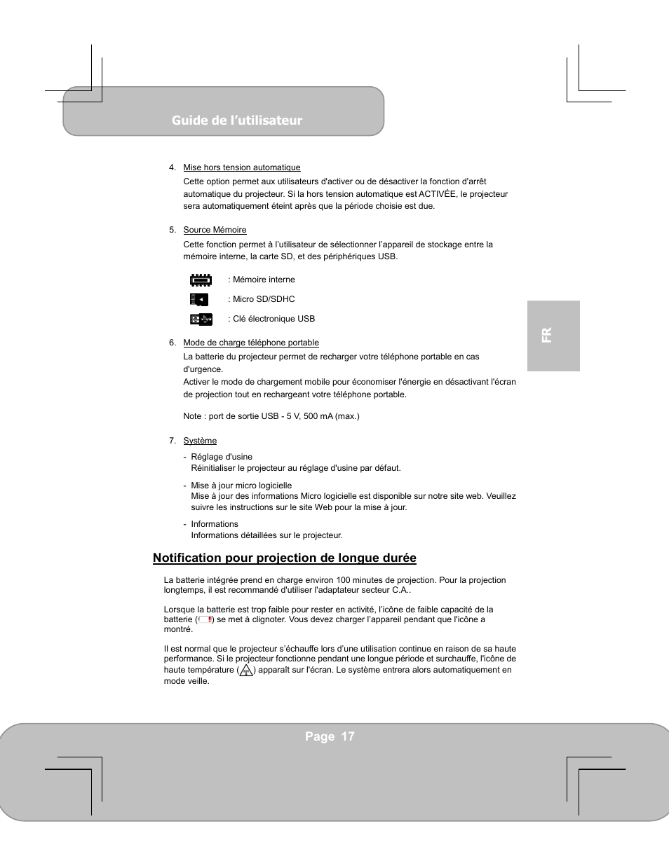 Guide de l’utilisateur, Page 17 fr, Notification pour projection de longue durée | AIPTEK PocketCinema V60 User Manual | Page 55 / 79