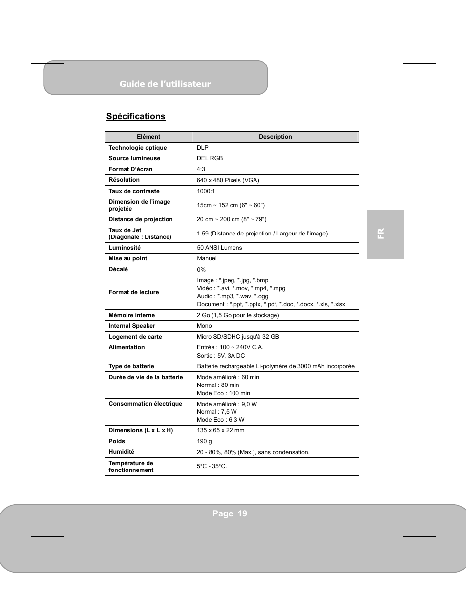 Guide de l’utilisateur, Page 19 fr spécifications | AIPTEK PocketCinema V60 User Manual | Page 57 / 79