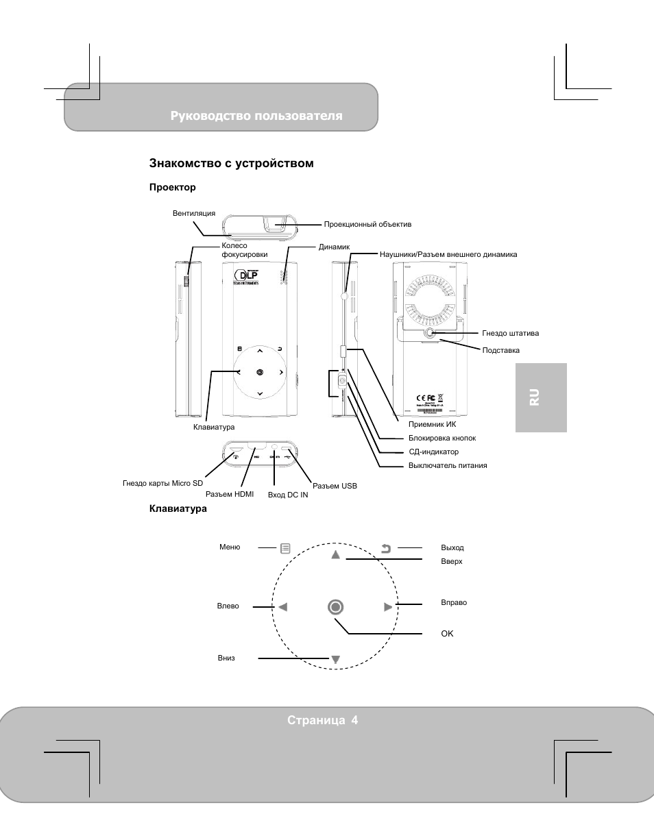 Руководство пользователя, Страница 4 ru, Знакомство с устройством | AIPTEK PocketCinema V60 User Manual | Page 61 / 79
