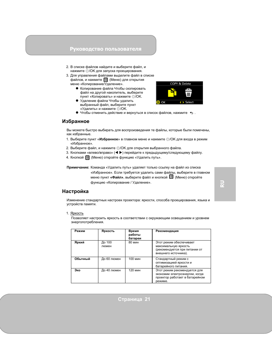 Руководство пользователя, Страница 21 ru, Избранное | Настройка | AIPTEK PocketCinema V150W User Manual | Page 129 / 180