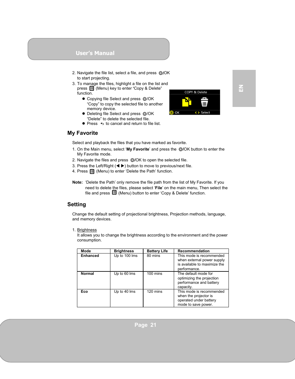 User’s manual, Page 21 en, My favorite | Setting | AIPTEK PocketCinema V150W User Manual | Page 21 / 180