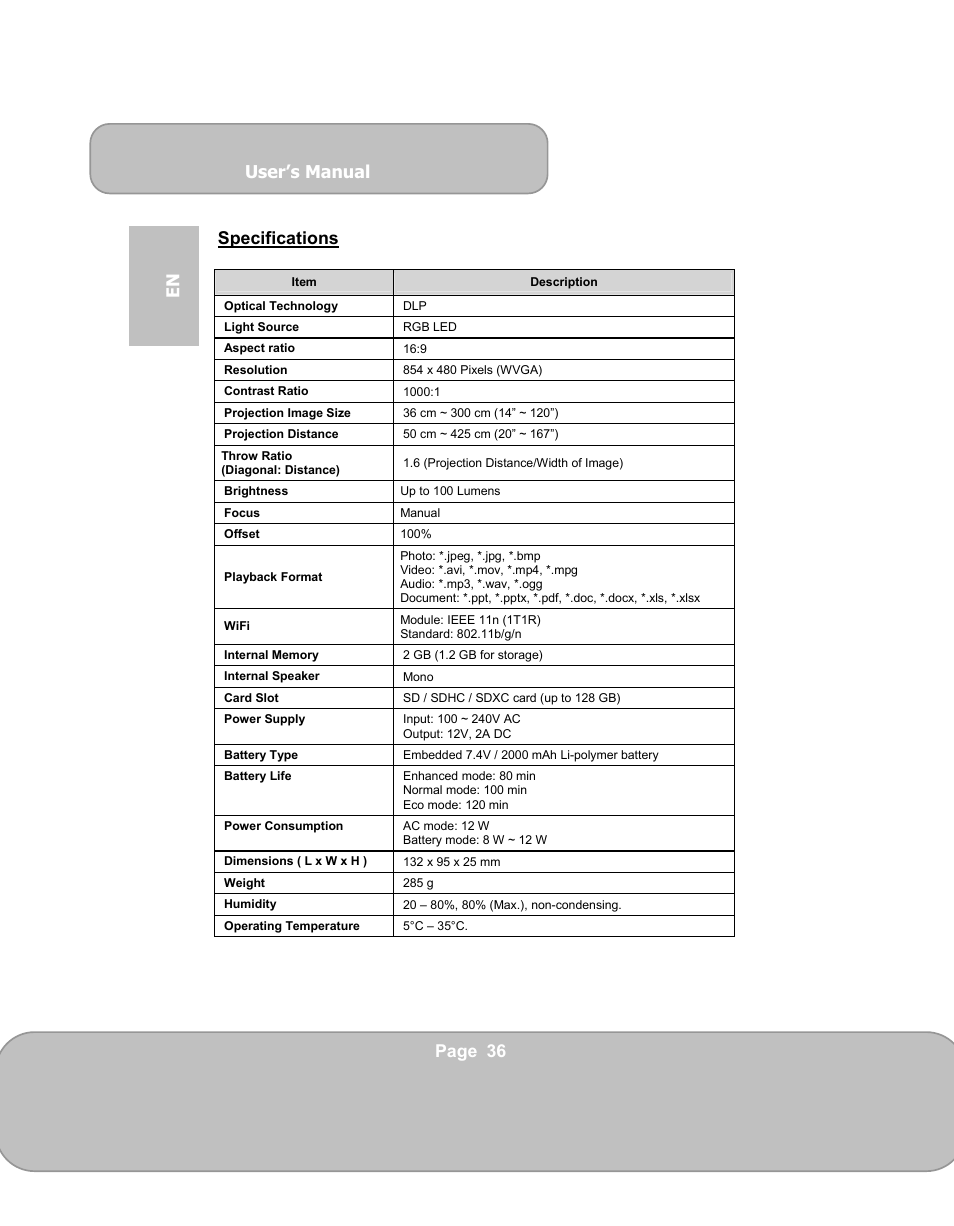User’s manual, Page 36 en specifications | AIPTEK PocketCinema V150W User Manual | Page 36 / 180