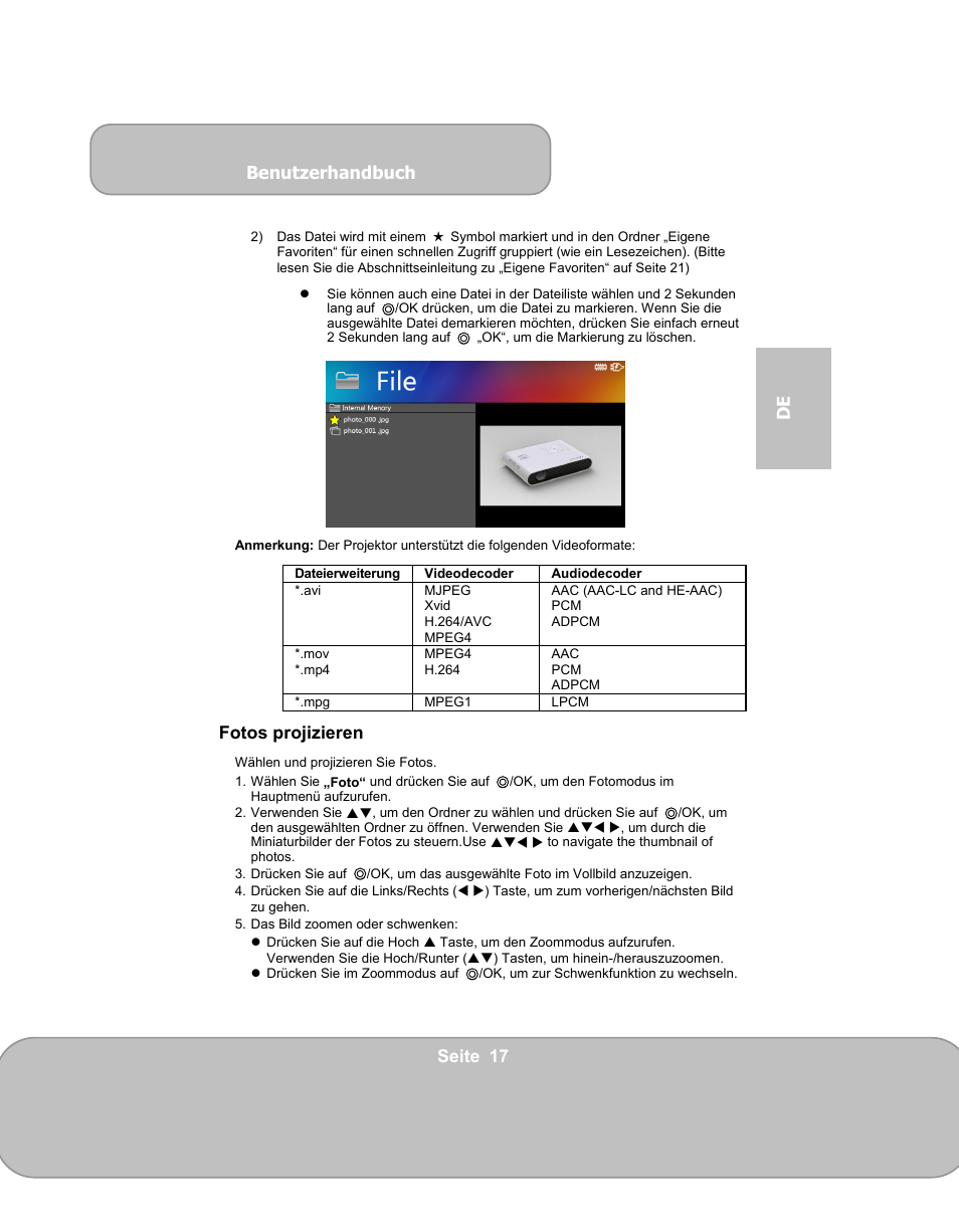 Benutzerhandbuch, Seite 17 de, Fotos projizieren | AIPTEK PocketCinema V150W User Manual | Page 53 / 180
