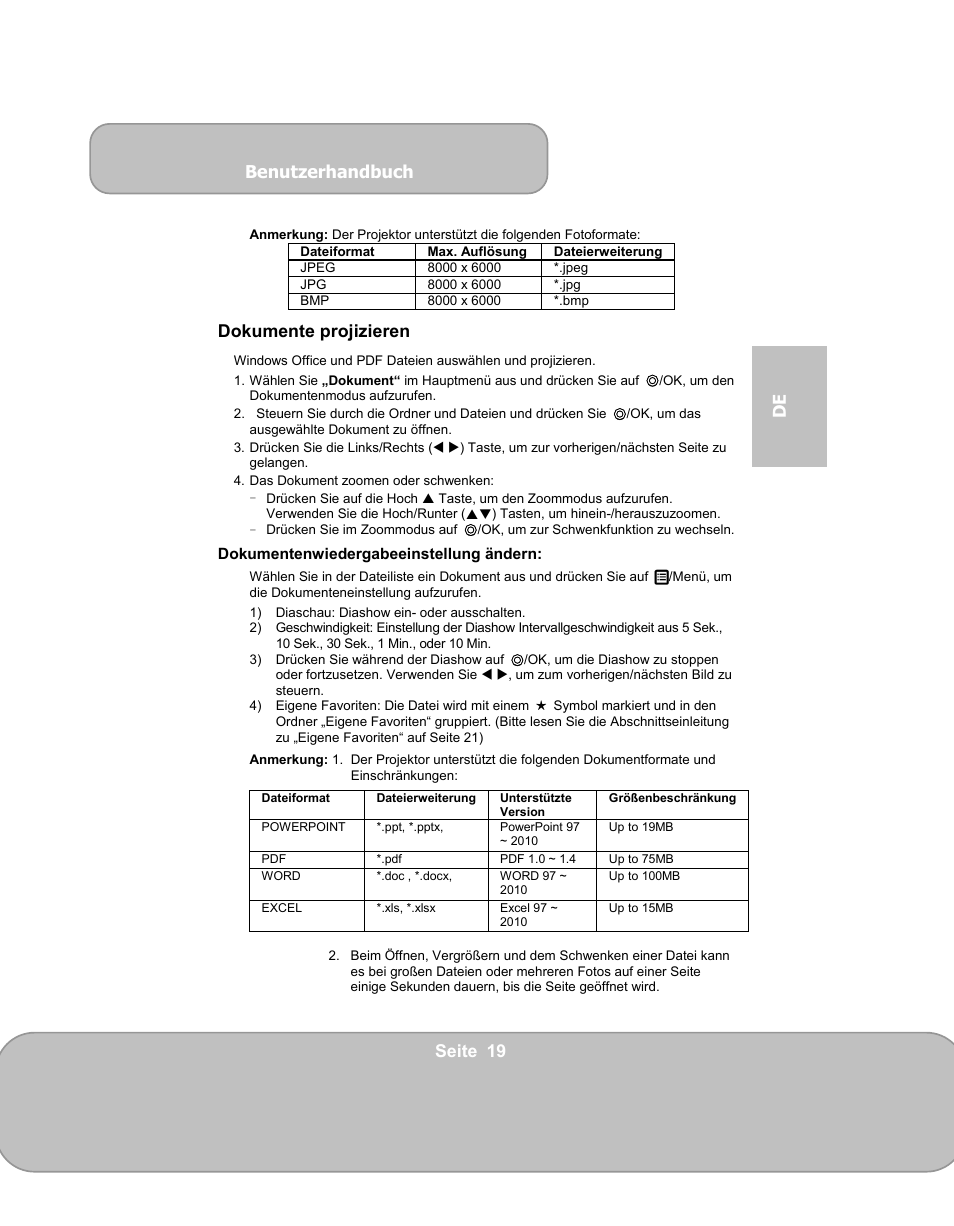 Benutzerhandbuch, Seite 19 de, Dokumente projizieren | AIPTEK PocketCinema V150W User Manual | Page 55 / 180