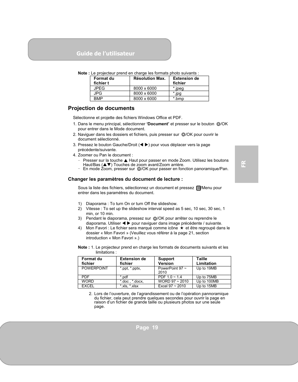 Guide de l’utilisateur, Page 19 fr, Projection de documents | AIPTEK PocketCinema V150W User Manual | Page 91 / 180
