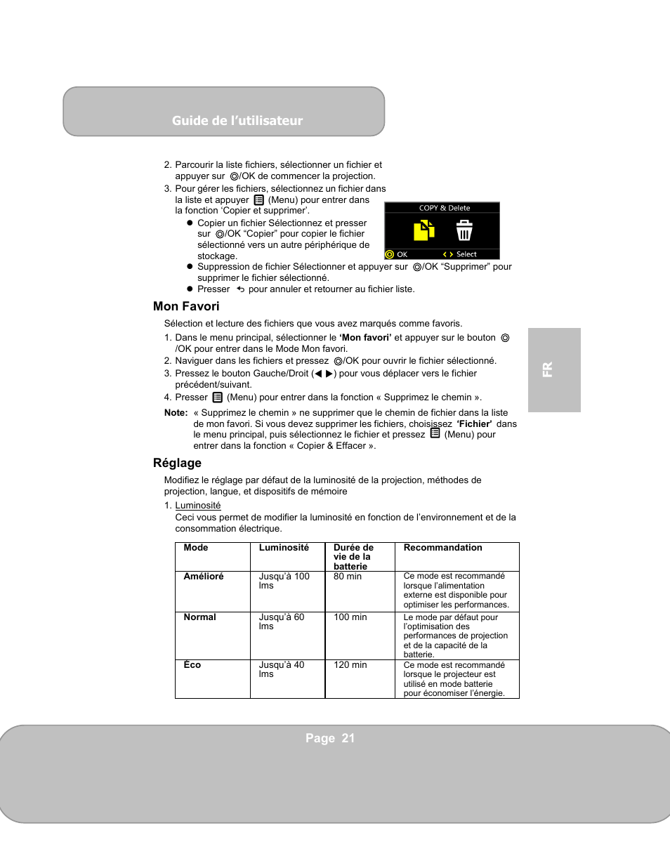 Guide de l’utilisateur, Page 21 fr, Mon favori | Réglage | AIPTEK PocketCinema V150W User Manual | Page 93 / 180