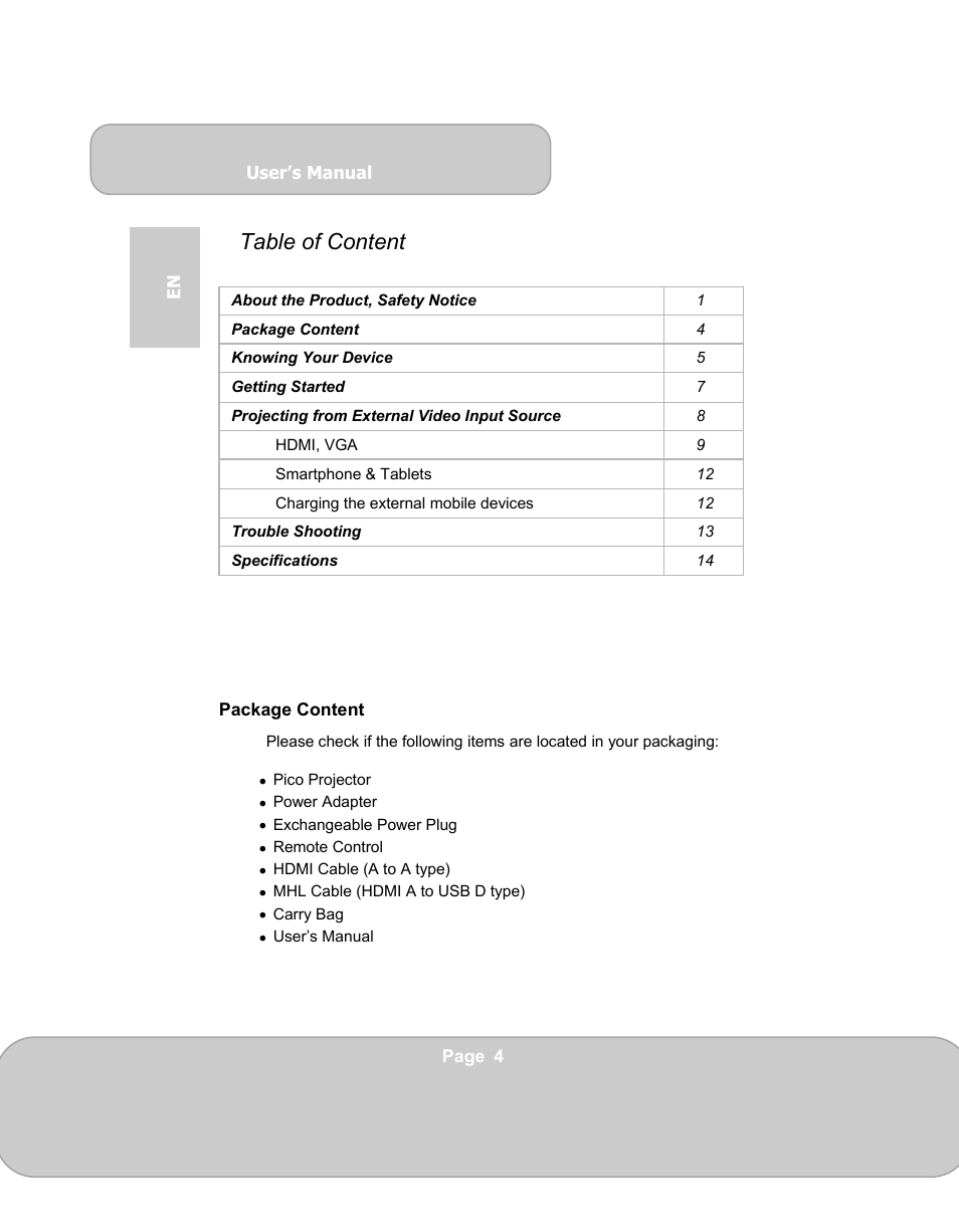 Table of content | AIPTEK PocketCinema N100 User Manual | Page 4 / 70