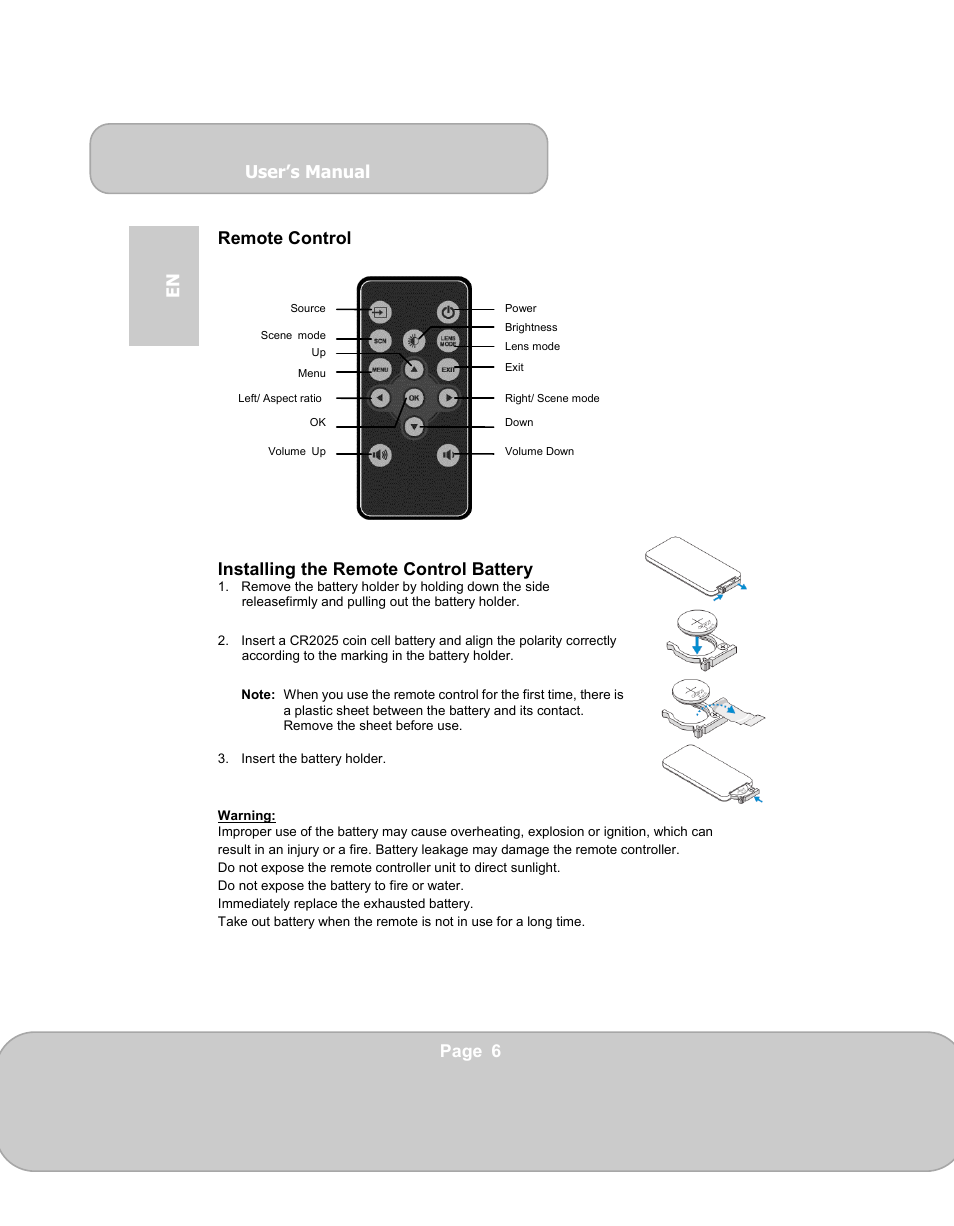 User’s manual, Page 6 en remote control, Installing the remote control battery | AIPTEK PocketCinema N100 User Manual | Page 6 / 70